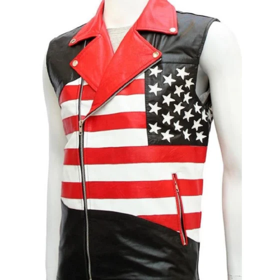 Double Breasted American Flag Leather Vest