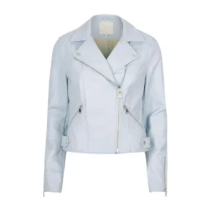 Asymmetrical Leather Jacket for Women Light Blue Leather Biker Jacket