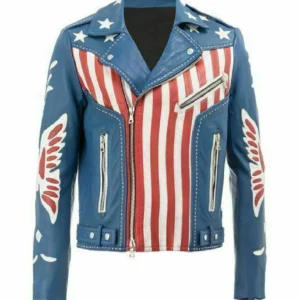 American Flag Blue Leather Jacket | Balmain Leather Jacket