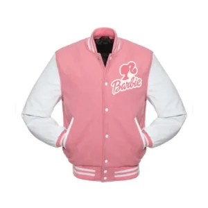 Barbie Pink Varsity Jacket With White Leather Sleeves