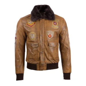 HOME SHOP DEVIN AVIATOR TAN BOMBER BROWN LEATHER JACKET WITH PATCHES Devin Aviator Tan Bomber Brown Leather Jacket With Patches