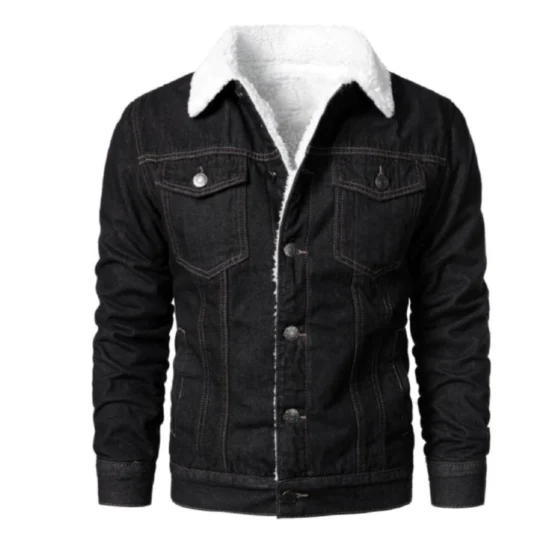 A black denim jacket with a white fleece collar and lining. The jacket features button closures and front pockets.