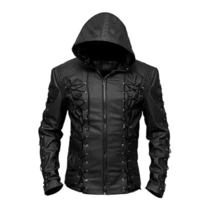 Stephen Amell Green Arrow Laced Black Leather Jacket