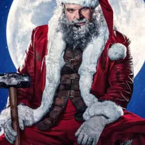 David Harbour Violent Night Santa Red Leather Coat