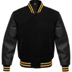 Black Wool Varsity Jacket with Leather Sleeves