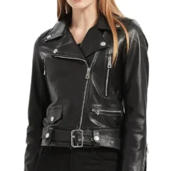 Black Leather Biker Jacket With Belted Women’s