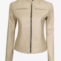 Dodge Beige Women’s Cafe Racer Leather Jacket