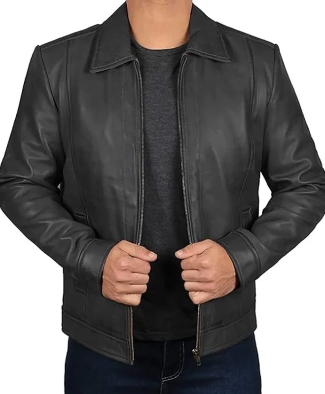 Men’s Black Leather Jacket With Drop Down Collar
