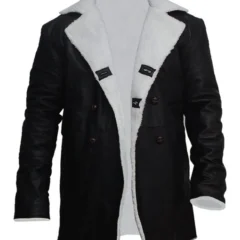 Mens Black Leather Long Shearling Coat with Fur Collar