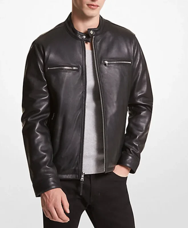 Men’s Black Leather Motorcycle Jacket With Snap Tab Collar
