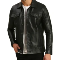 Mens Black Leather Trucker Jacket