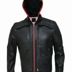 Mens Black Red Hood Leather Jacket