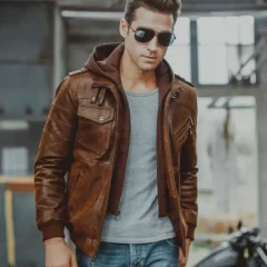 Mens Brown Leather Bomber Jacket with Hood