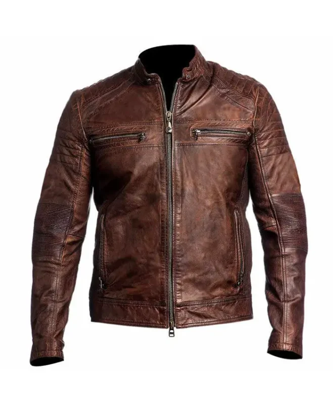 Mens Brown Slim Fit Cafe Racer Leather Jacket