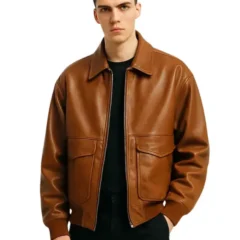 Men's Oversized Front Pockets Brown Leather Bomber Jacket