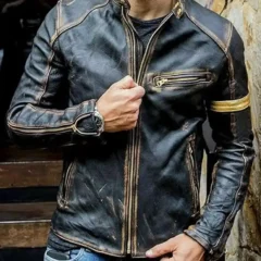 Men’s Real Leather Black Distressed Moto Jacket