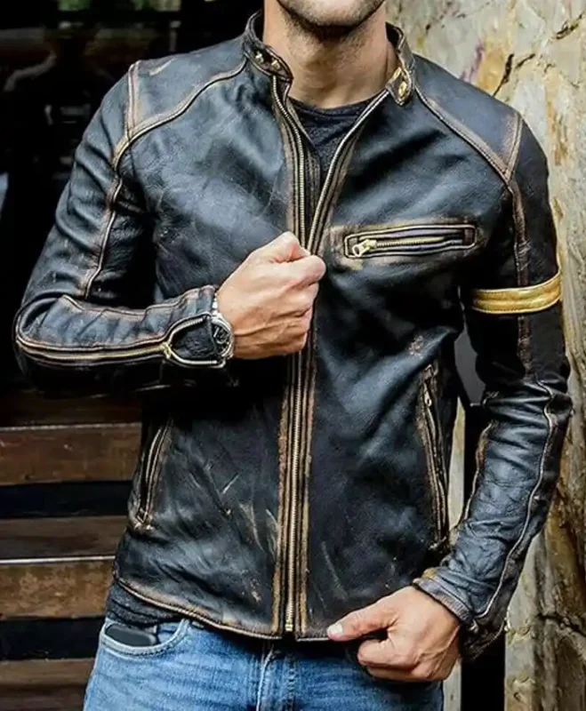 Men’s Real Leather Black Distressed Moto Jacket