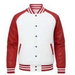 Red & White Leather Sleeves Varsity Bomber Jacket