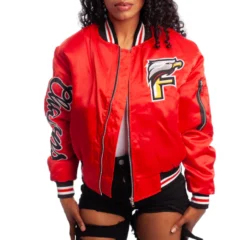 Women Red Eagle Embroidered Satin Varsity Jacket