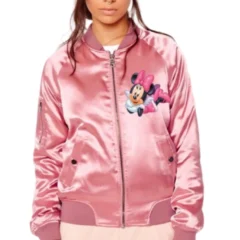 Mickey Minnie Love Pink Satin Varsity Jacket for Women