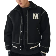Classic Black Wool Varsity Bomber Jacket