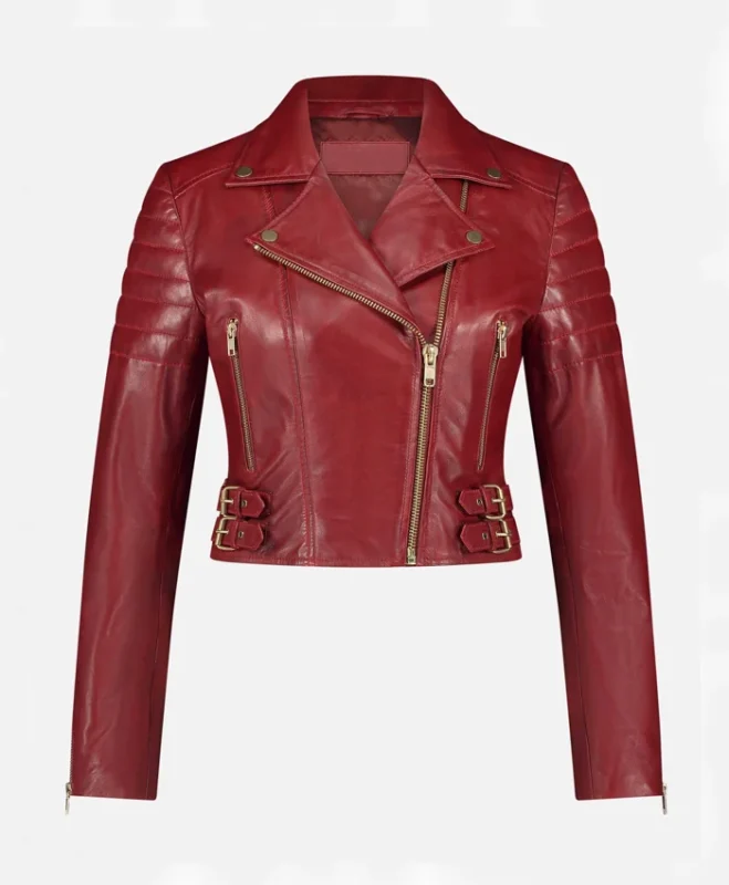 Red Womens Leather Motorcycle Biker Jacket
