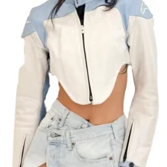 Sabrina Carpenter Moto Baby Blue Leather Jacket