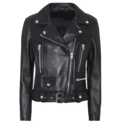 Slim Fit Belted Black Motorcycle Jacket For Women