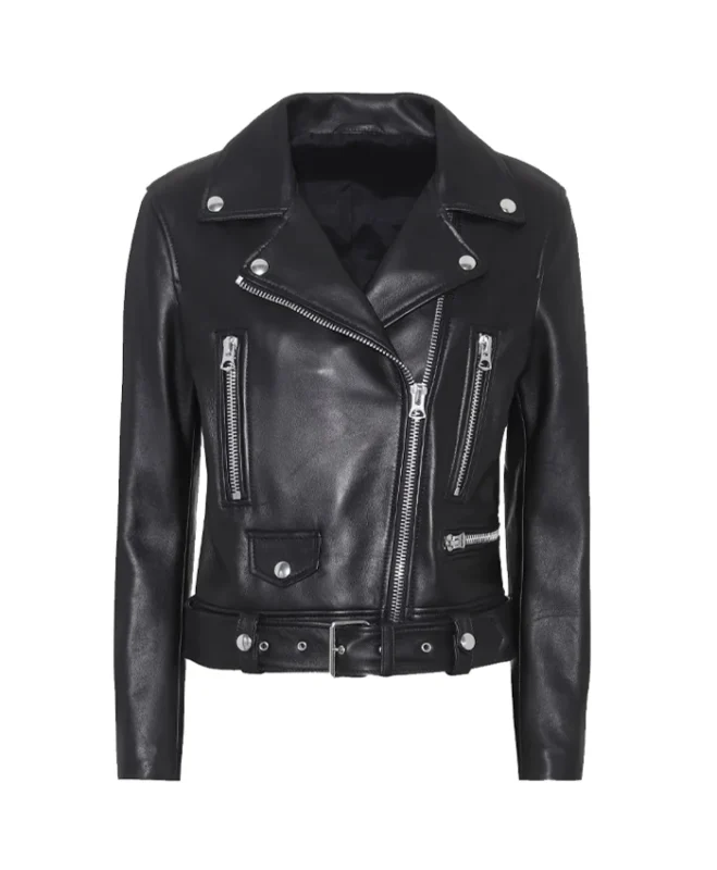 Slim Fit Belted Black Motorcycle Jacket For Women