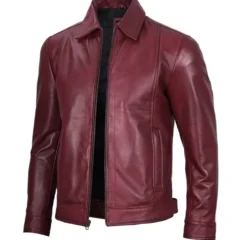 Trendy Men’s Shirt Collar Maroon Leather Jacket