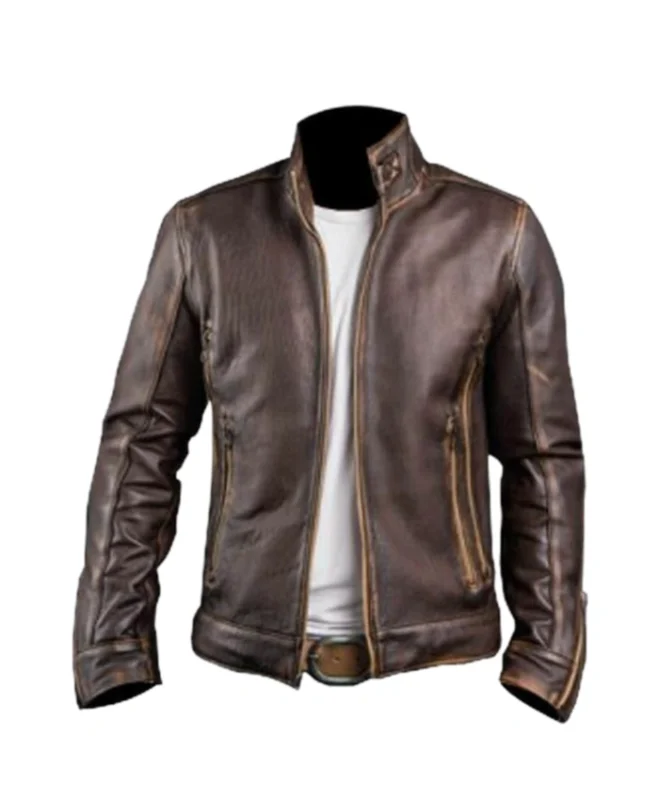 Vinatge Men’s Brown Cafe Racer Stand-Up Collar Jacket