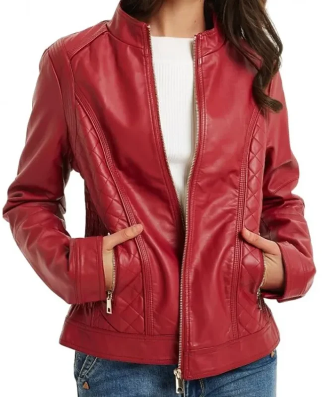 Women Red Biker Petite Leather Moto Jacket