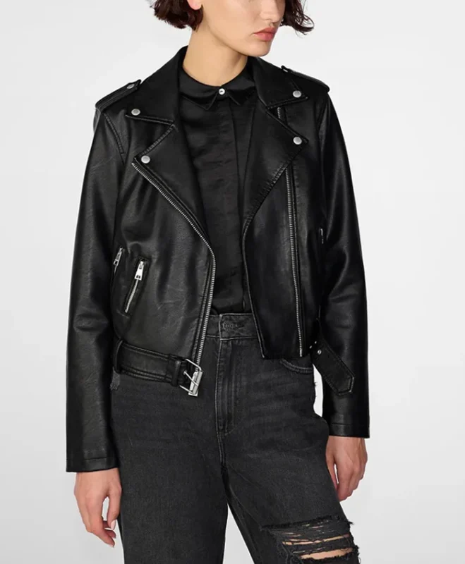 Womens Black Leather Biker Jacket Asymmetrical Collar