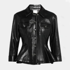 Womens Black Leather Trucker Peplum Jacket