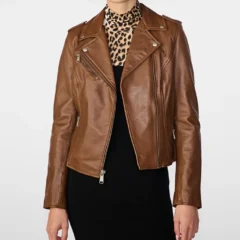 Women’s Brown Leather Biker Zipper Jacket