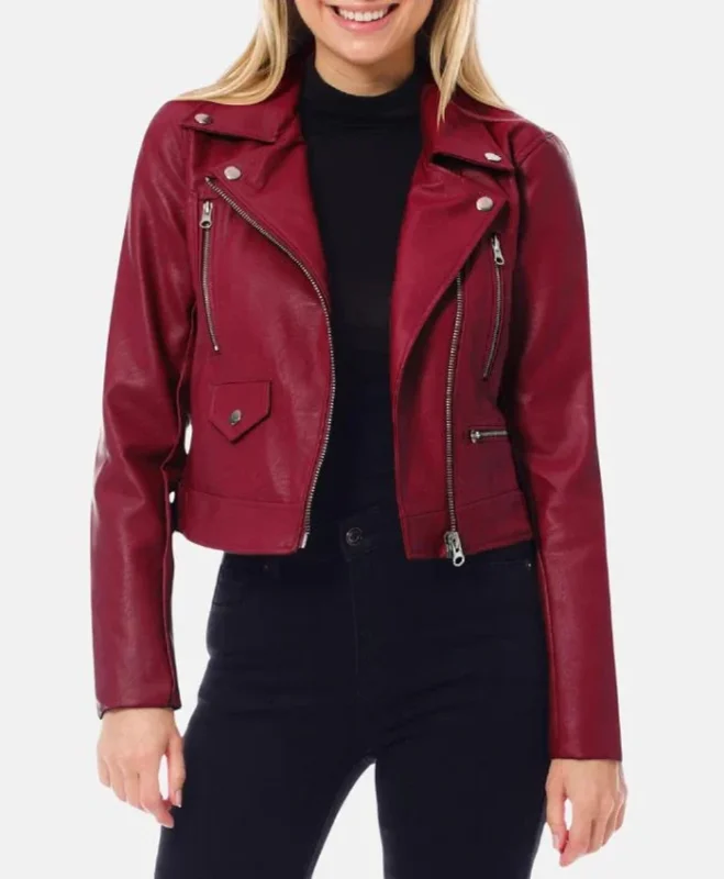 Womens Motorcycle Dark Red Leather Biker Jacket