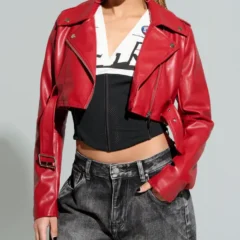 Womens Red Essential Cropped Leather Moto Jacket