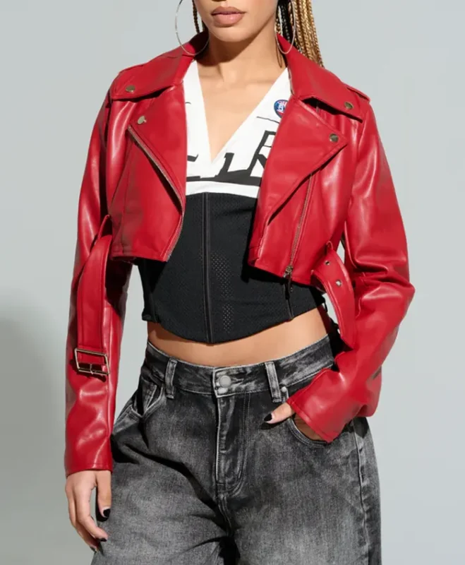 Womens Red Essential Cropped Leather Moto Jacket