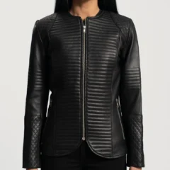 Womens Round Collar Quilted Black Leather Jacket