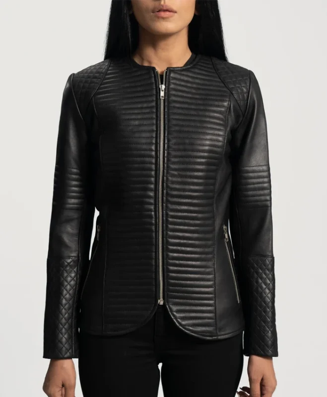 Womens Round Collar Quilted Black Leather Jacket