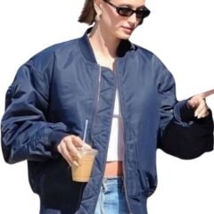 Hailey Bieber Navy Blue Bomber Jacket