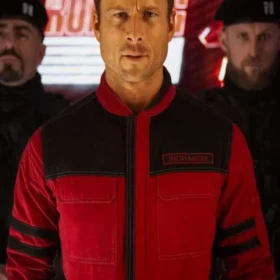 Glen Powell The Running Man 2025 Red Jacket