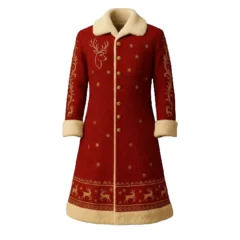 Elegant Red Christmas Coat With Gold Reindeer Design