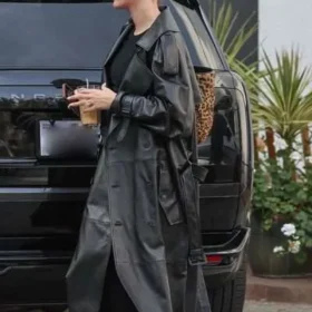 Hailey Bieber 2025 Matrix Black Leather Coat