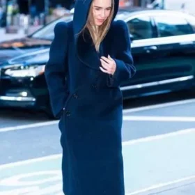 NYC 2026 Emilia Clarke Blue Hooded Coat