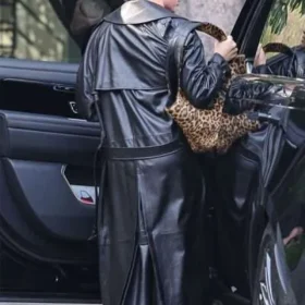 Hailey Bieber 2025 Matrix Black Leather Coat