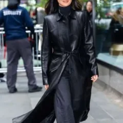Olivia Munn Midtown NYC 2025 Black Leather Coat