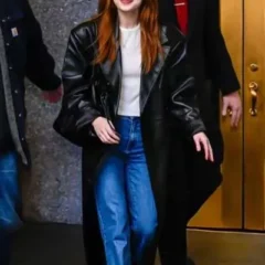 Sadie Sink NYC 2026 Black Leather Coat