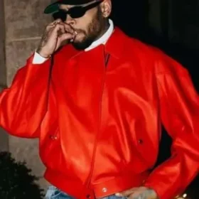 Chris Brown 2026 Red Leather Jacket