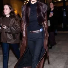 NYFW 2026 Emily Ratajkowski Brown Leather Coat